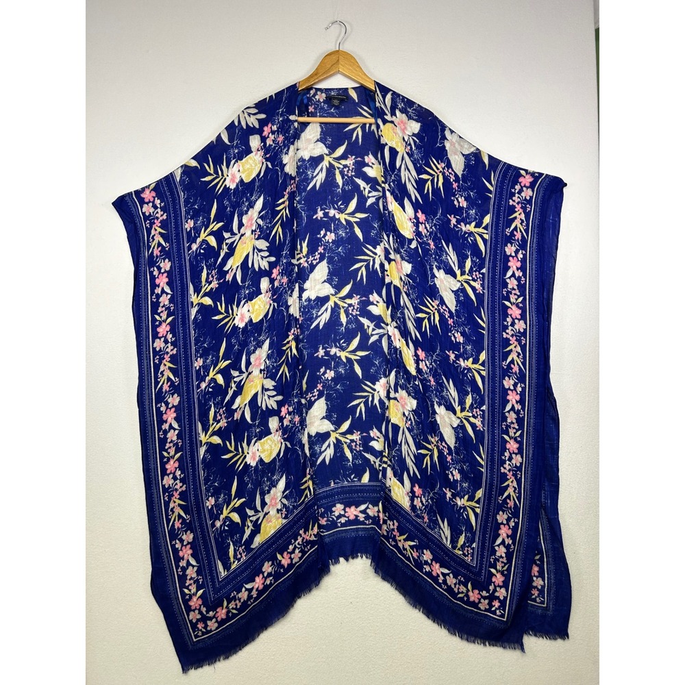 Boho‎ American Eagle Women OS Blue Floral Fringed Kimono Wrap Beach Coverup